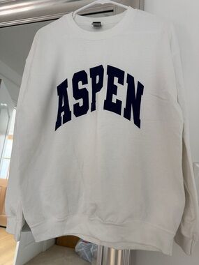 ASPEN White Pullover Sweatshirt with Navy Logo